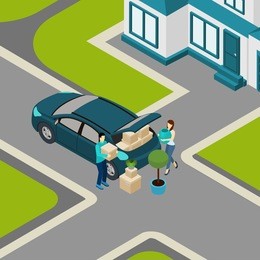 family moving from house to apartment loading  packed boxes into car trunk isometric banner abstract vector illustration