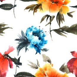 peony. watercolor and ink illustration in style sumi-e, u-sin. oriental traditional painting. seamless pattern.