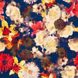 art vintage watercolor floral seamless pattern with white, gold yellow and pink red lilies, roses, asters and gerberas on dark blue background