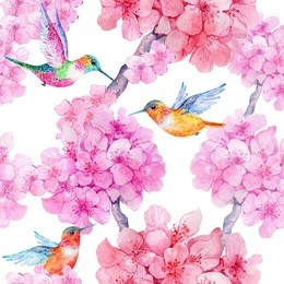 seamless pattern,rose flowers, hummingbirds .watercolor illustration