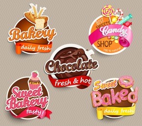 food label or sticker - bakery, chocolate, sweet baked, candy,sweet bakery - design template. vector illustration.