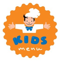 sticker for kids menu with funny cook boy and logo