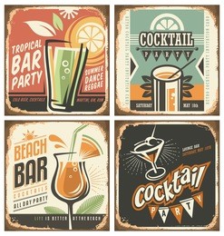 cocktail bar retro tin sign set. vector poster templates collection for summer party, bar or restaurant. cocktail lounge vintage background drawings. drink and food theme with rusty metal texture. 