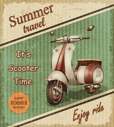 summer travel retro poster with scooter.