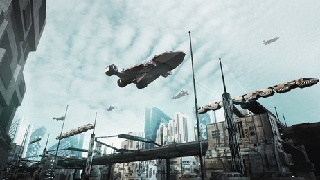 3d rendering scifi fantasy concept cityscape sky train and air ship in the future