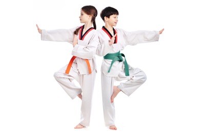 two children athletes martial art taekwondo training