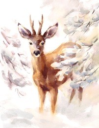 watercolor deer hand painted winter scene illustration 