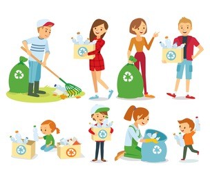 vector set of people gathering garbage and plastic waste for recycling
