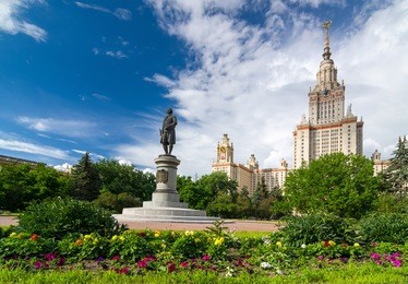 lomonosov moscow state university (msu). main building and lomonosov monument. msu is one of seven sisters. the seven sisters are a group of seven skyscrapers in moscow designed in the stalinist style