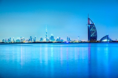 dubai skyline at dusk, uae.