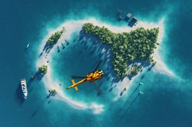 summer tropical island. small helicopter flying above private paradise tropical island with wind turbines energy and  bungalows