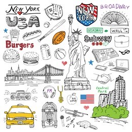 new york city doodles elements. hand drawn set with, taxi, coffee, hotdog, burger, statue of liberty, broadway, music, coffee, newspaper, manhattan bridge, central park. doodle collection, isolated