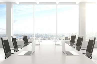 modern conference room with furniture, laptops, big windows and city view 3d render
