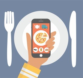 flat design colorful vector illustration concept for cooking at home, searching recipes, culinary instructions internet isolated.fast food delivery. app interface design with icons on mobile display