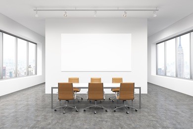lighted spacious meeting room in office building, windows on both sides, new york view, big table and six brown leather armchairs around it. white board on the back wall. 3d rendering.