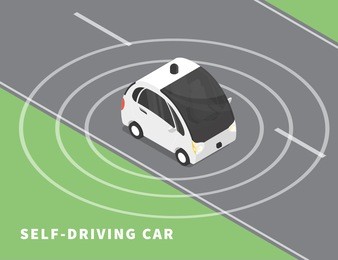 self-driving car flat isometric illustration of intelligent controlled car on the road upper view