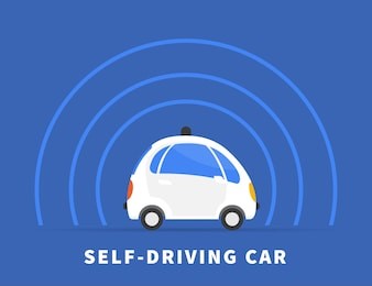 self-driving car flat illustration on blue background. conceptual symbol of intelligent controlled car with sensors 