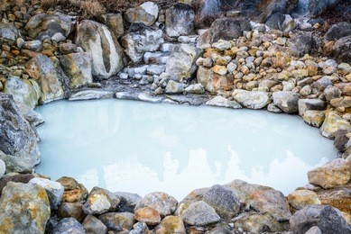 owakudani hot spring area near lake ashi in hakone, japan