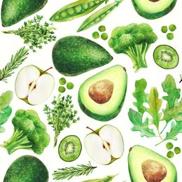 watercolor seamless pattern with set of healthy fresh foods vegans, raw foodists, and anyone who cares about their health. green vitamin mood!