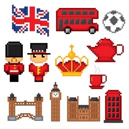 england culture symbols icons set. pixel art. old school computer graphic style.