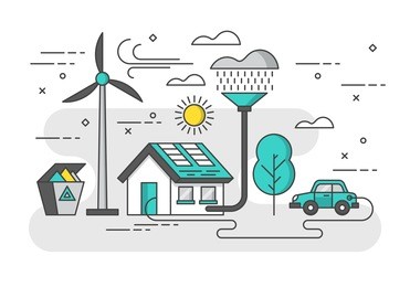 ecology concept with eco friendly house and green energy. modern thin line vector illustration