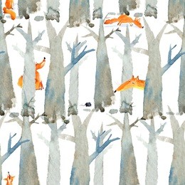 winter watercolor pattern or poster design with foxes and trees silhouettes. watercolor pattern with fox.  watercolor seamless pattern.