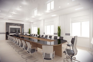 3d render of long conference hall in modern style with long black glass table