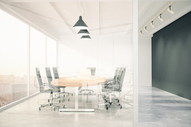 meeting room with glass wall, blackboard, wooden table, window and copy space 3d render