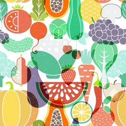 seamless vector background with different fruits and vegetables. great for restaurant menu backdrop, healthy food concept, juice bar illustration. vegetarian colorful texture. great summer tile.
