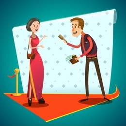 journalist interviews young pretty celebrity girl retro cartoon style vector illustration