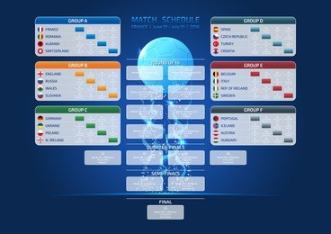 match schedule, template for web, print, france 2016 football results table, vector illustration