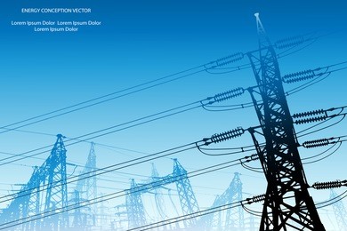 silhouette of high voltage power lines on blue background. vector illustration.