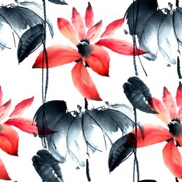 lotus. watercolor and ink illustration in style sumi-e, u-sin. oriental traditional painting. seamless pattern.