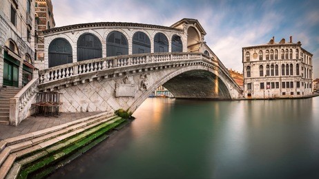 panorama of grand canal and rialto bridge in the morning, venice, italy
