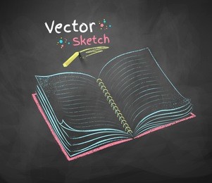 color vector chalk drawing of open school notebook on black chalkboard background.
