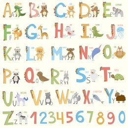  alphabet with  cartoon animals. cute vector zoo