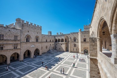 the palace of the grand master of the knights of rhodes , also known as the kastello , is a medieval castle in the city of rhodes, on the island of rhodes in greece.
the courtyard.