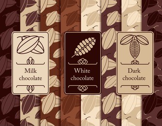 vector set of seamless pattern and labels for chocolate and cocoa packaging.