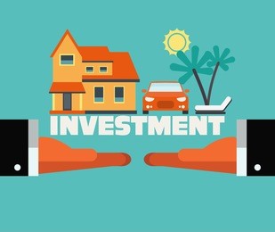 two hands with dreaming house, car and travel. saving and investing money concept. future financial planning concept. modern vector flat design. insurance, credit cards, mortgages and banking service