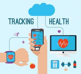 vector modern creative infographics design on modern high tech devices using in everyday life showing man tracking his health condition with smart bracelet, mobile application and cloud services