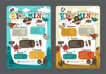 cute colorful kids meal menu vector template with pirate cartoon and cowboy cartoon