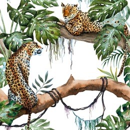 watercolor tropical leopard pattern, plant monstera, lianas