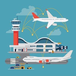 nice vector concept layout on airport in trendy flat design. travel by airways. airport terminal with control tower, airplanes, runway and more