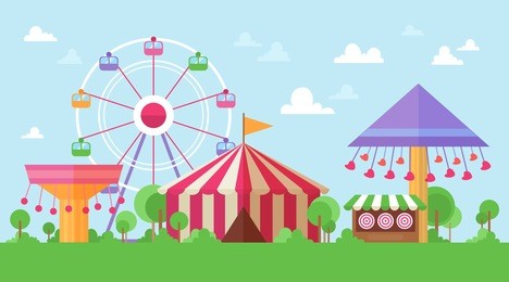 flat retro funfair scenery with amusement attractions and carousels in colorful cartoon vintage style