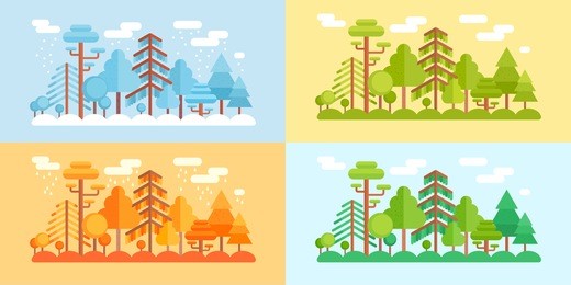 flat style forest scenery, four stylized seasons of the year in different color schemes - winter, spring, summer, fall