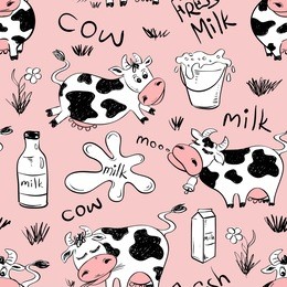 sketch seamless pattern of funny cows and milk product on a pink background.