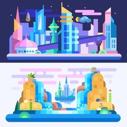 city of future!  amazing alien-look landscape and city scape with floating town, skyscrapers, flying cars, waterfalls on another planet. flat vector illustration set. 