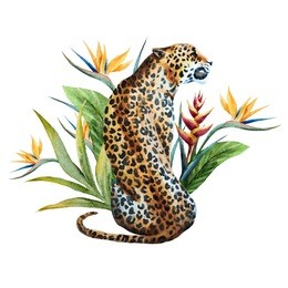 watercolor leopard sitting back, strelitzia flower, tropical leaves,  watercolor print, tropical