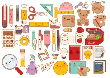 collection of lovely baby stationery character doodle icon , cute pencil  , adorable teddy bear doll , sweet lunchbox , kawaii book , girly pen in childlike manga cartoon style - vector file eps10
