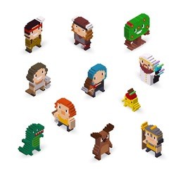 isometric pixel art fantasy characters with archer, warriors, mage, and monsters